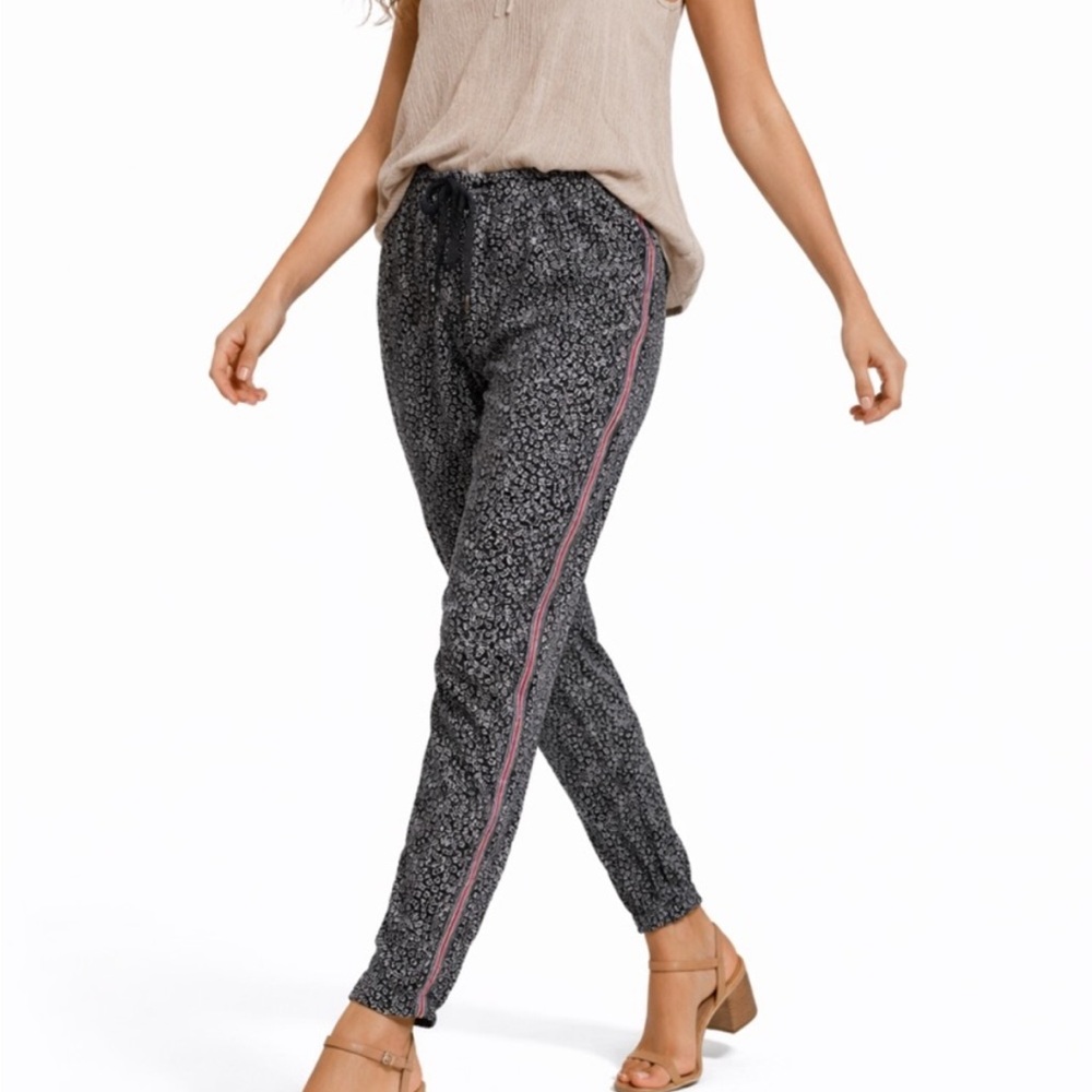 Anthropologie Black Floral Jogger Pants with Pink Side Stripe
